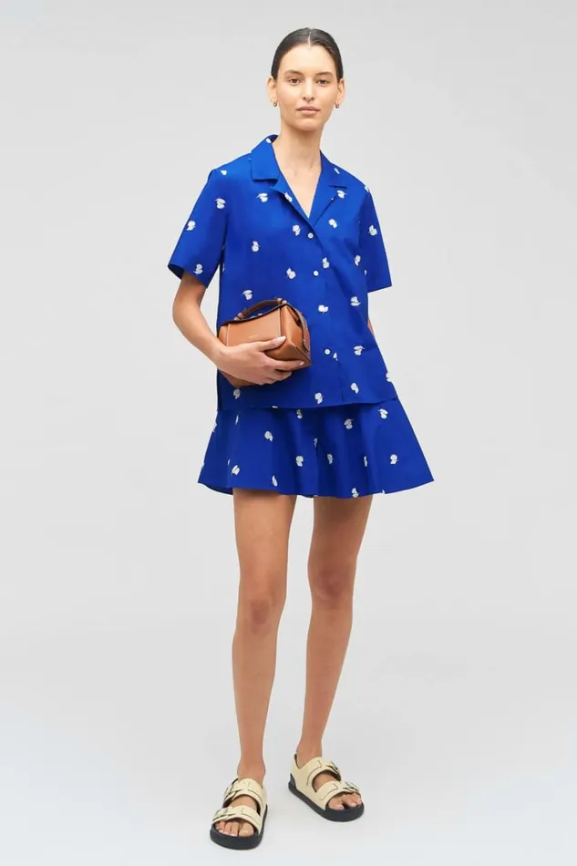 Oroton Embroidered Fruit Camp Shirt Azure Blue Women Tops Oroton Embroidered Fruit Camp Shirt Azure Blue Women Tops