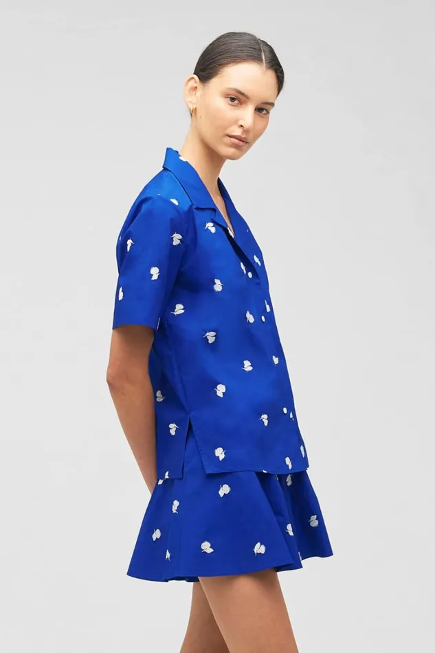Oroton Embroidered Fruit Camp Shirt Azure Blue Women Tops Oroton Embroidered Fruit Camp Shirt Azure Blue Women Tops