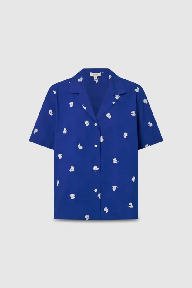 Oroton Embroidered Fruit Camp Shirt Azure Blue Women Tops Oroton Embroidered Fruit Camp Shirt Azure Blue Women Tops