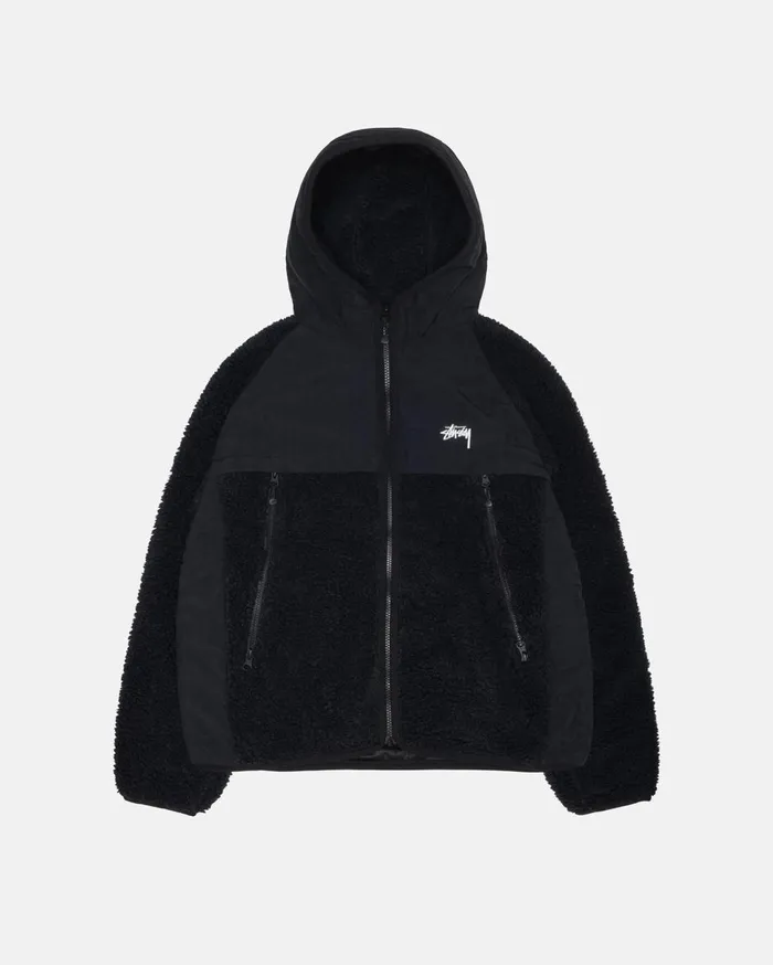 Outerwear MenWomen Stussy SHERPA PANELED HOODED JACKET Black