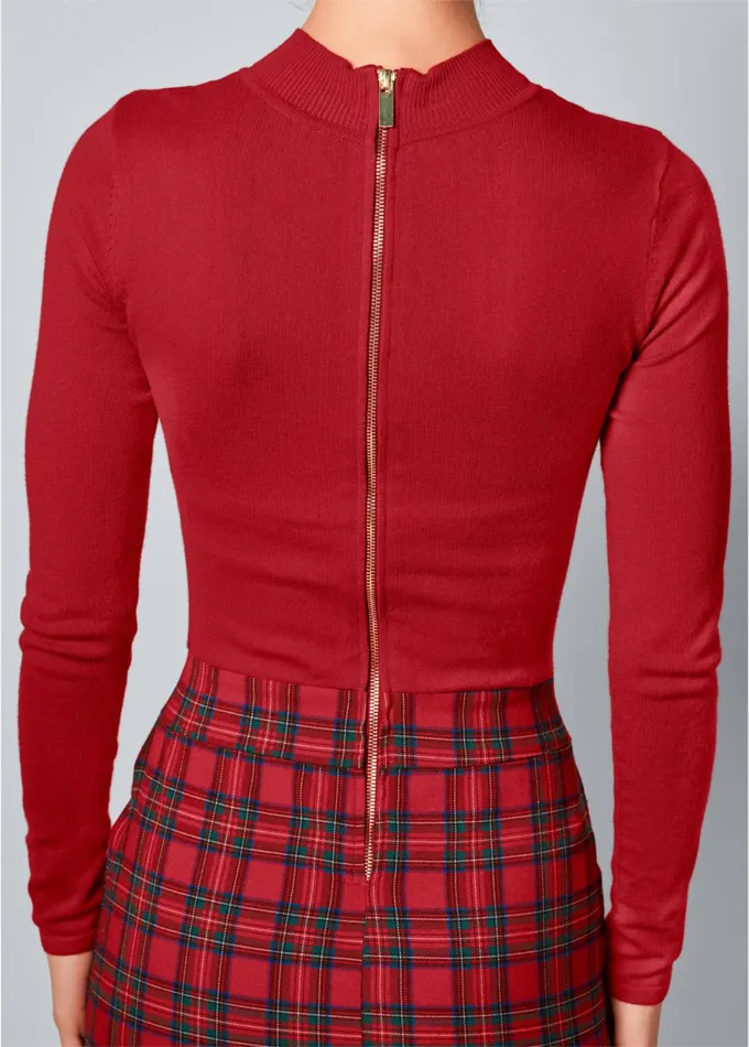 PLAID DETAIL SWEATER DRESS Red Multi Women VENUS Midi Dresses