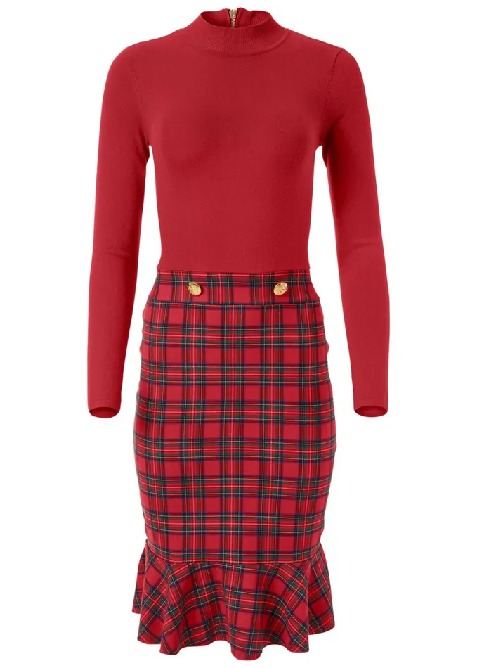 PLAID DETAIL SWEATER DRESS Red Multi Women VENUS Midi Dresses