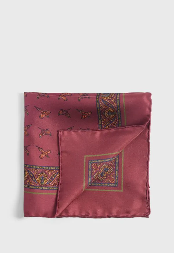 Pocket Squares Mens Paulstuart Silk Deco Stripe and Bird Print Pocket Square Burgundy