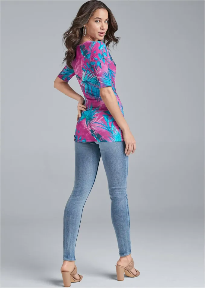 PRINTED LONG AND LEAN TEE Teal Multi Women VENUS Casual Tops