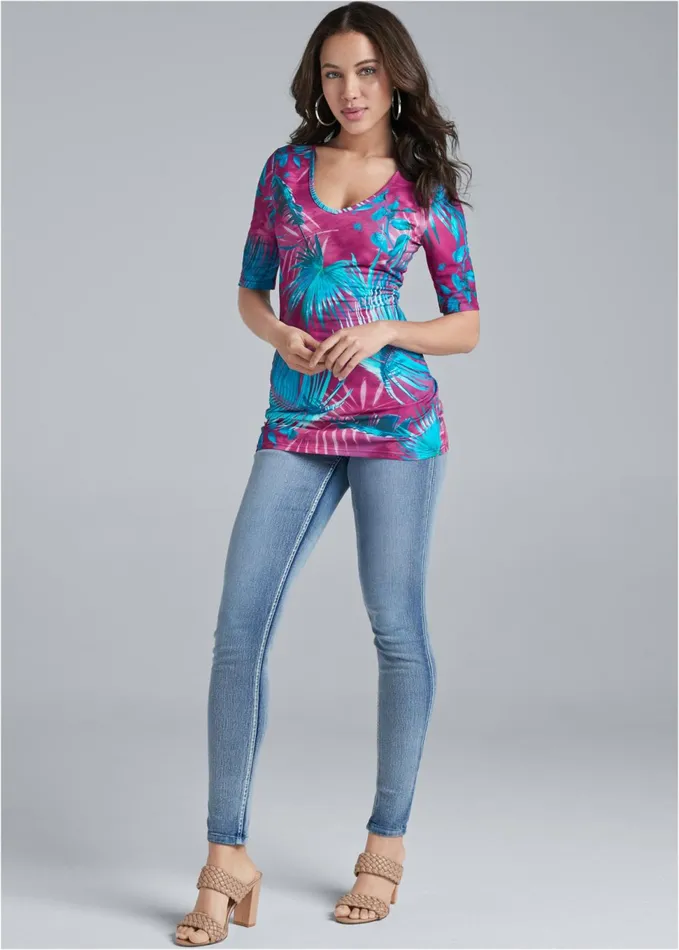 PRINTED LONG AND LEAN TEE Teal Multi Women VENUS Casual Tops