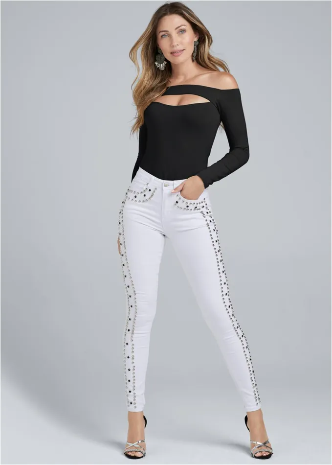 RHINESTONE TRIM JEANS White Denim Women VENUS Novelty Jeans