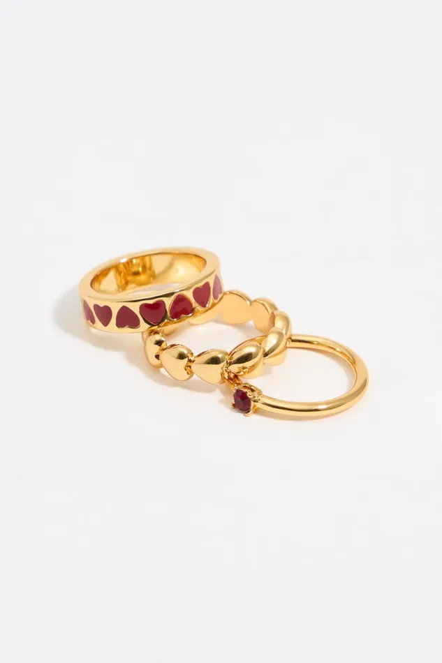 Set Of 3 Red Heart Rings Red Women Bimba Y Lola Jewelry