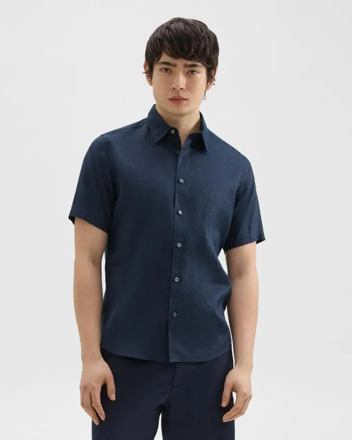 Shirts Men Theory Irving ShortSleeve Shirt In Relaxed Linen Baltic