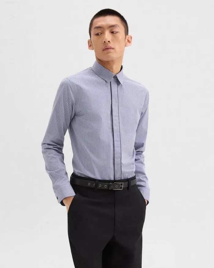 Shirts Men Theory Straight Shirt In Striped CottonBlend Greycornflower Multi