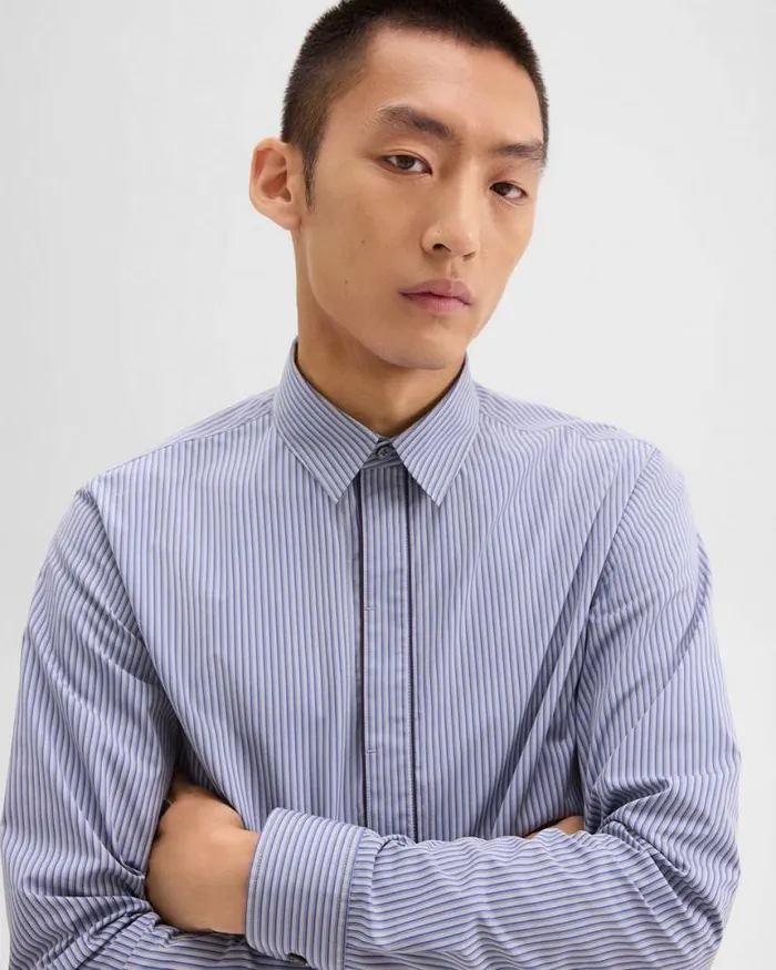 Shirts Men Theory Straight Shirt In Striped CottonBlend Greycornflower Multi