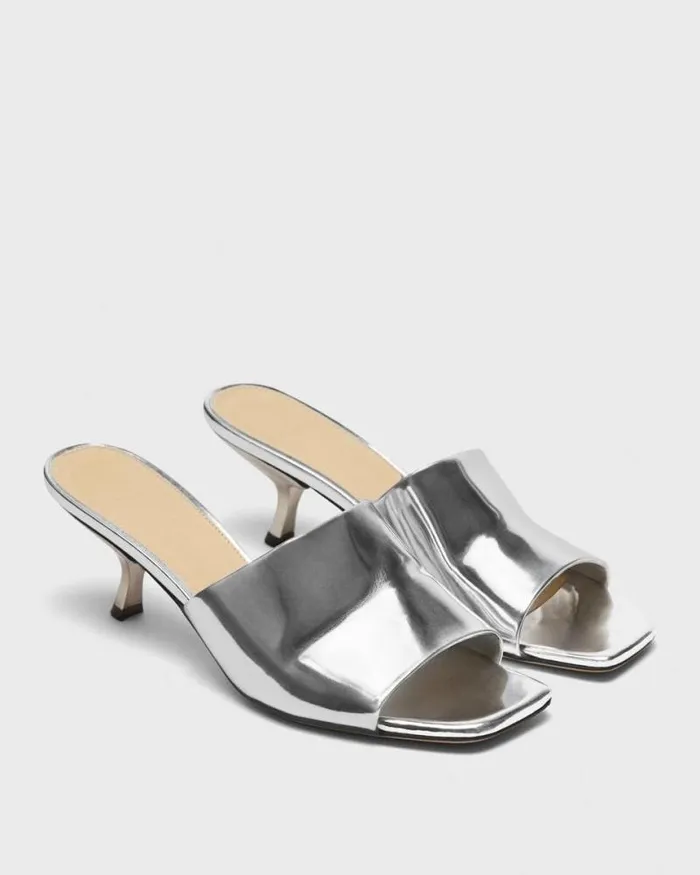 Shoes Women Theory Mule Sandal In Metallic Leather Silver
