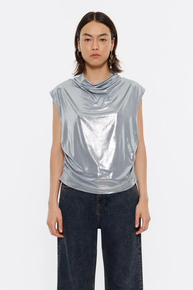Silver Metallic Ruched Top Light Silver Women Bimba Y Lola TShirts