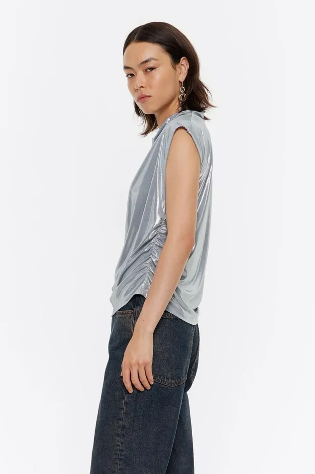 Silver Metallic Ruched Top Light Silver Women Bimba Y Lola TShirts Silver Metallic Ruched Top Light Silver Women Bimba Y Lola TShirts