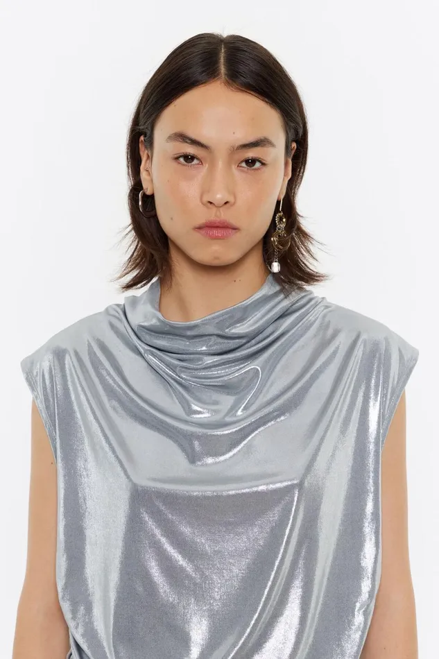 Silver Metallic Ruched Top Light Silver Women Bimba Y Lola TShirts Silver Metallic Ruched Top Light Silver Women Bimba Y Lola TShirts