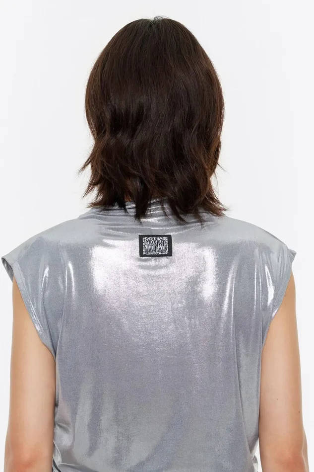 Silver Metallic Ruched Top Light Silver Women Bimba Y Lola TShirts Silver Metallic Ruched Top Light Silver Women Bimba Y Lola TShirts