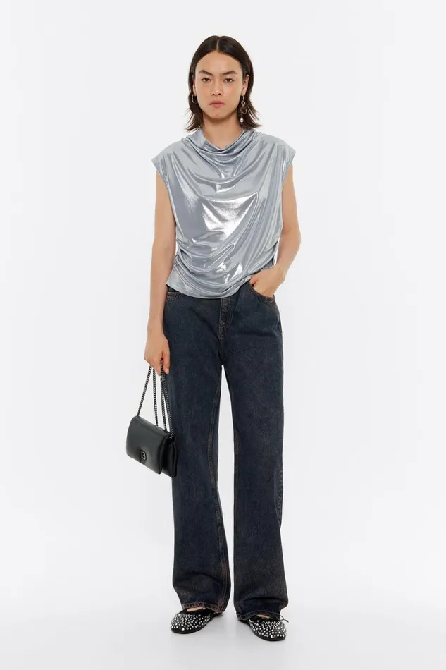 Silver Metallic Ruched Top Light Silver Women Bimba Y Lola TShirts Silver Metallic Ruched Top Light Silver Women Bimba Y Lola TShirts