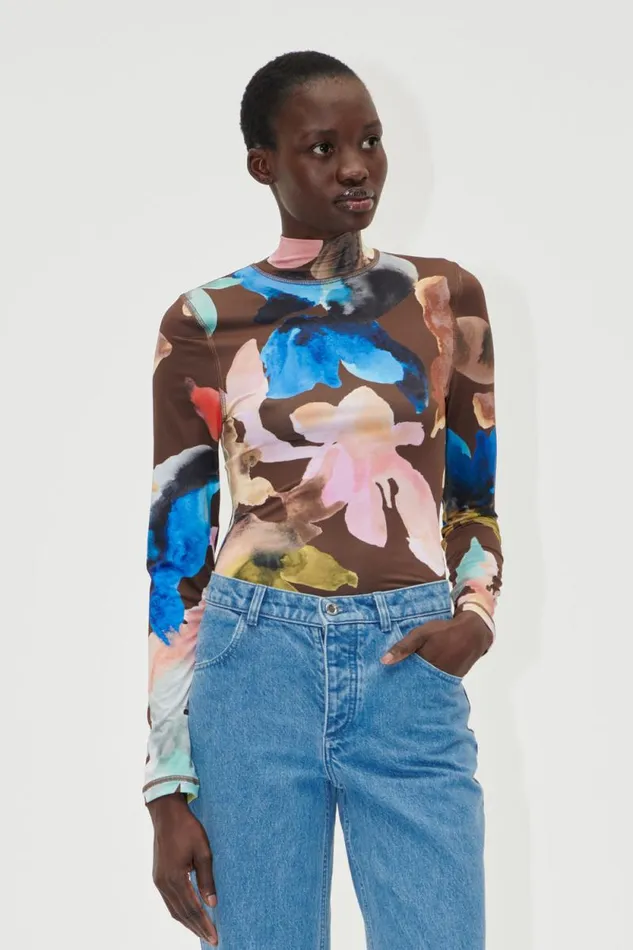 Stine Goya Tops and Shirts Elastic High Neck Collared Top 8211 Aquarelle Garden 8211 Women