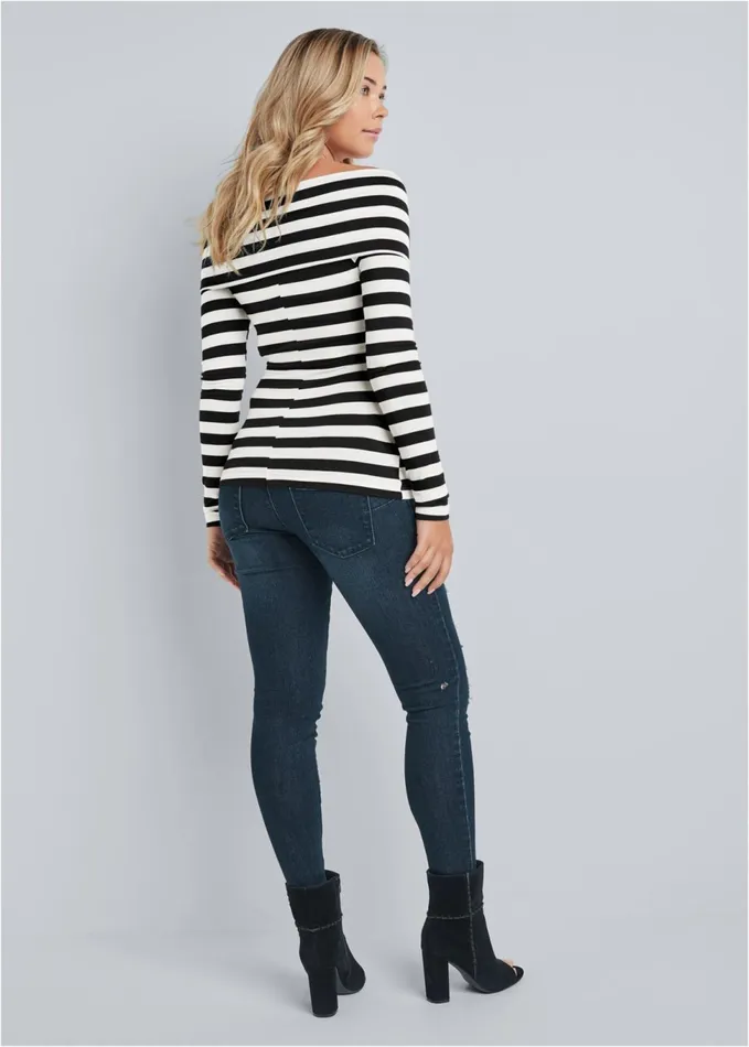 Stripe OfftheShoulder Top Black and White Women VENUS Casual Tops