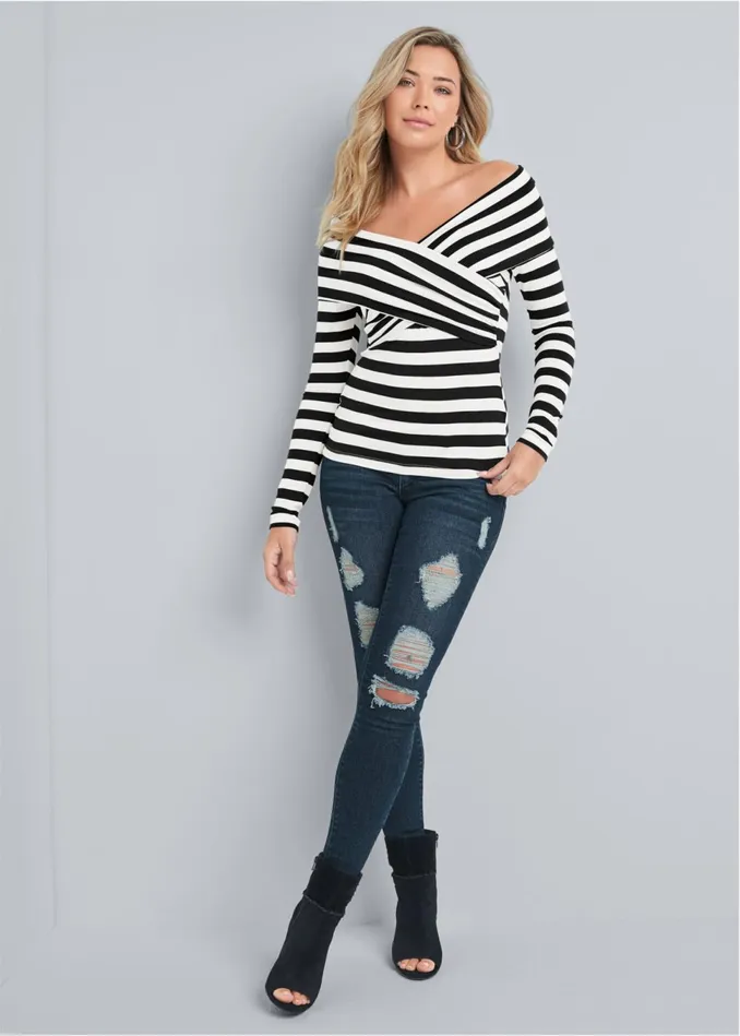 Stripe OfftheShoulder Top Black and White Women VENUS Casual Tops