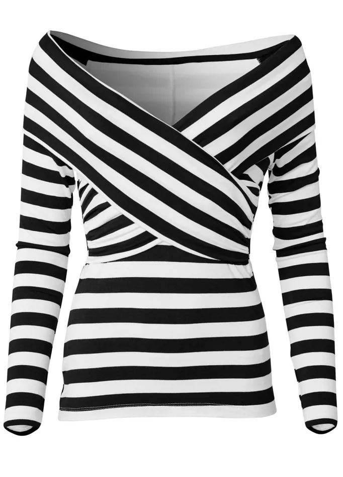 Stripe OfftheShoulder Top Black and White Women VENUS Casual Tops