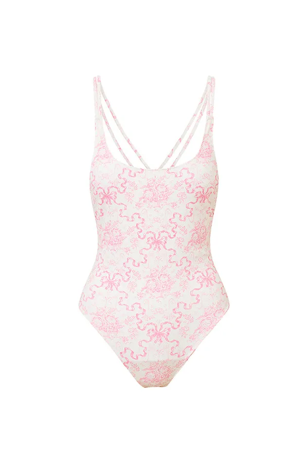 Swim Women LoveShackFancy Dusk Bow Print One Piece Swimsuit Bubblegum Blast