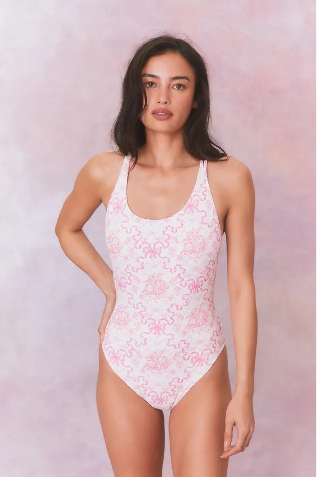 Swim Women LoveShackFancy Dusk Bow Print One Piece Swimsuit Bubblegum Blast