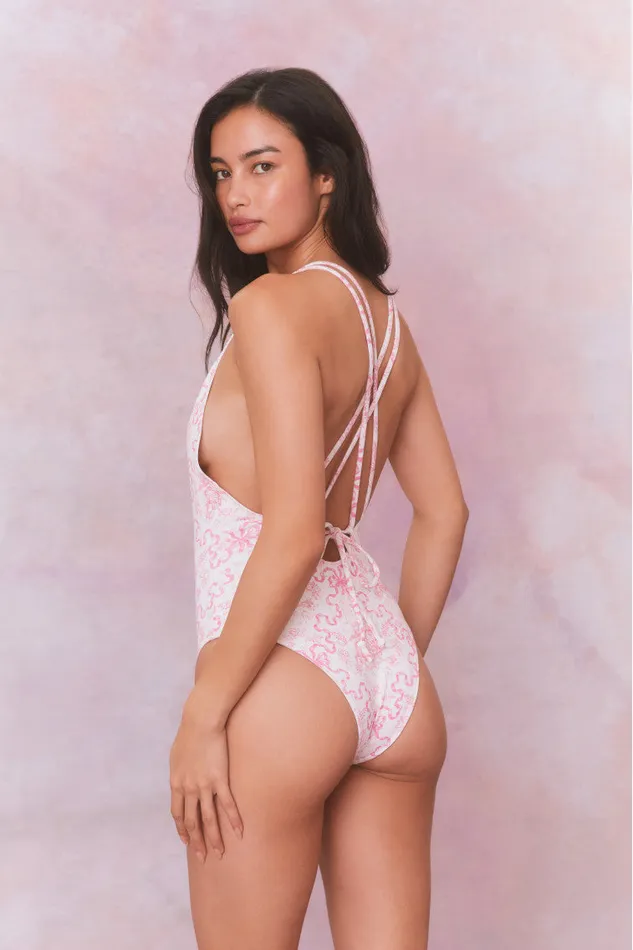 Swim Women LoveShackFancy Dusk Bow Print One Piece Swimsuit Bubblegum Blast