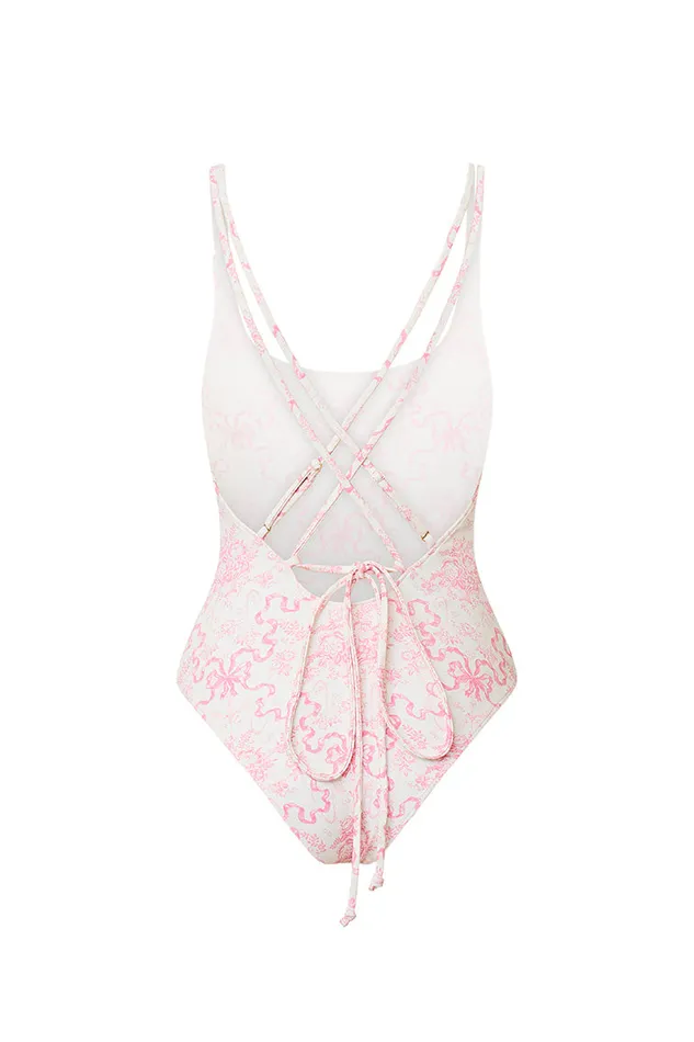 Swim Women LoveShackFancy Dusk Bow Print One Piece Swimsuit Bubblegum Blast
