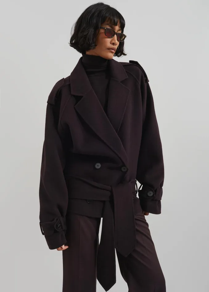The Frankie Shop Outerwear Elys Short Wool Trench 8211 Dark Plum 8211 Women