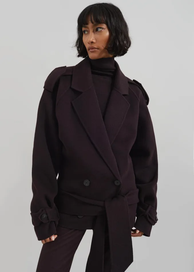 The Frankie Shop Outerwear Elys Short Wool Trench 8211 Dark Plum 8211 Women