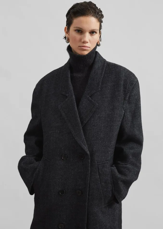 The Frankie Shop Outerwear Low Classic Melange Wool Oversized Coat 8211 Black 8211 Women