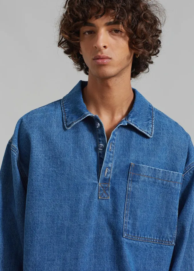 The Frankie Shop Tops Ray Popover Denim Shirt 8211 Medium Wash 8211 Men
