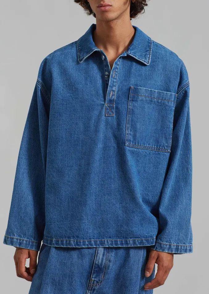 The Frankie Shop Tops Ray Popover Denim Shirt 8211 Medium Wash 8211 Men