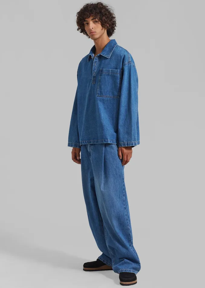 The Frankie Shop Tops Ray Popover Denim Shirt 8211 Medium Wash 8211 Men