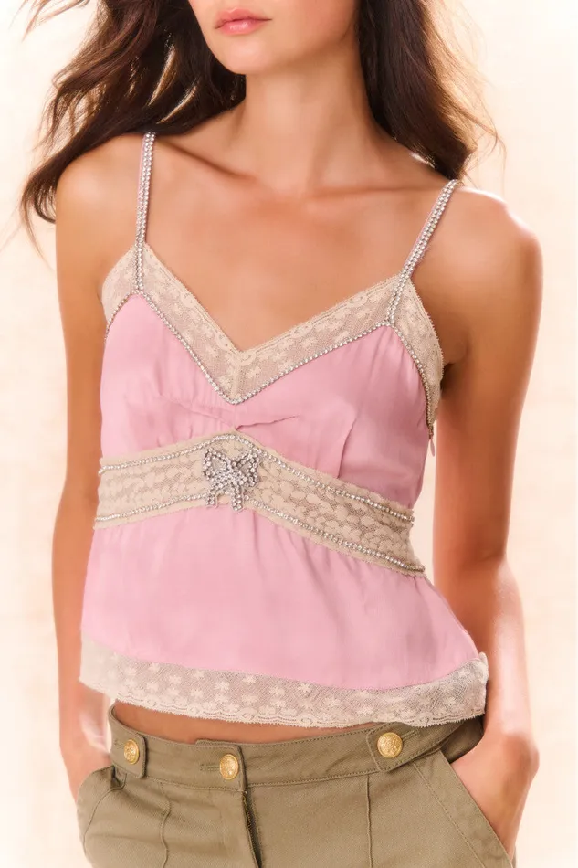 Tops Women LoveShackFancy Laticia Embellished Satin Top Ash Pink