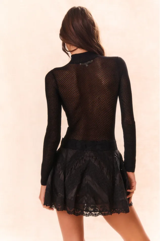 Tops Women LoveShackFancy Rosiers Sheer Long Sleeve Bodysuit Black