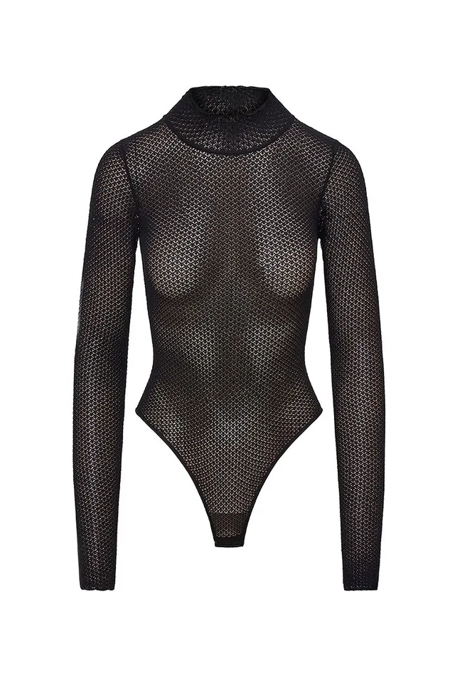 Tops Women LoveShackFancy Rosiers Sheer Long Sleeve Bodysuit Black