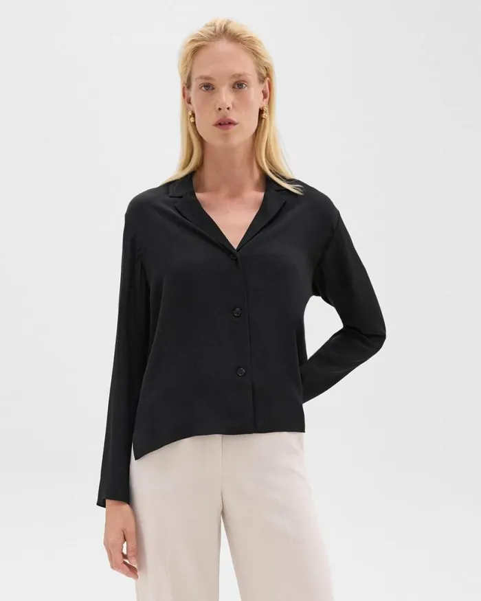 Tops Women Theory Notched Lapel Blouse In Silk Georgette Black
