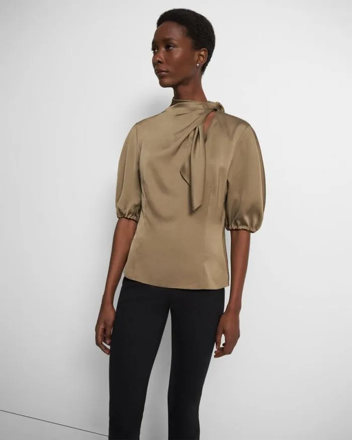 Tops Women Theory Twisted Scarf Top In Recycled Satin Dark Beige Tops Women Theory Twisted Scarf Top In Recycled Satin Dark Beige