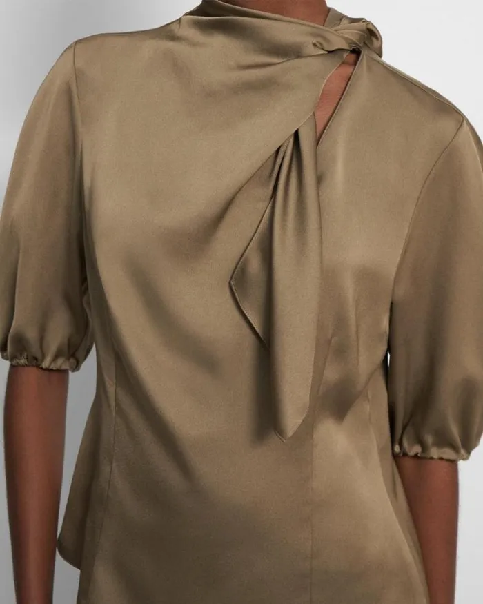 Tops Women Theory Twisted Scarf Top In Recycled Satin Dark Beige Tops Women Theory Twisted Scarf Top In Recycled Satin Dark Beige