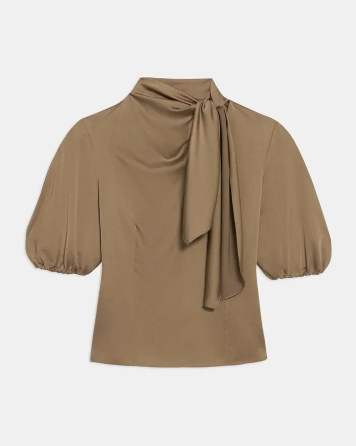 Tops Women Theory Twisted Scarf Top In Recycled Satin Dark Beige Tops Women Theory Twisted Scarf Top In Recycled Satin Dark Beige