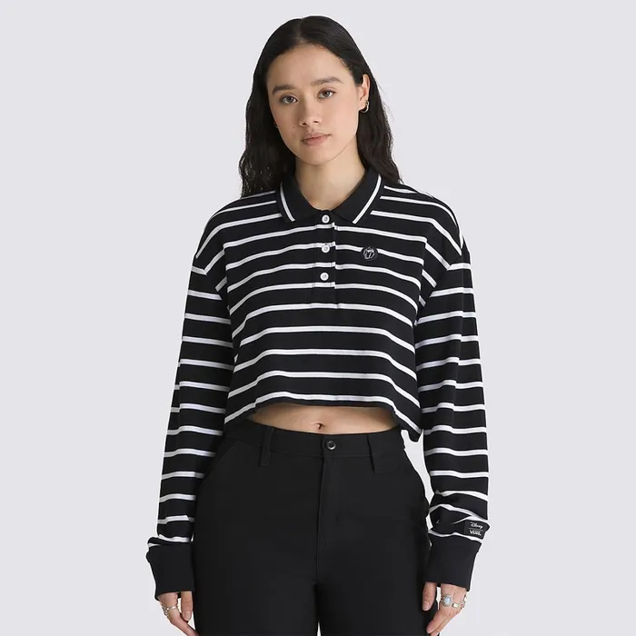 Vans Tshirts and Tops Women Disney X Bad Apple Long Sleeve Crop Rugby Polo Shirt Black