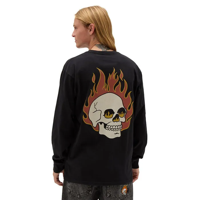 Vans View All Men Flaming Skulls Washed Long Sleeve TShirt Black