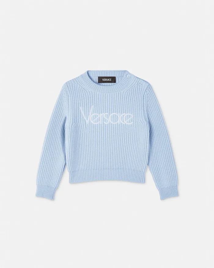 Versace 1978 ReEdition Logo Baby Sweater Light Blue Kids Knitwear and Sweatshirts