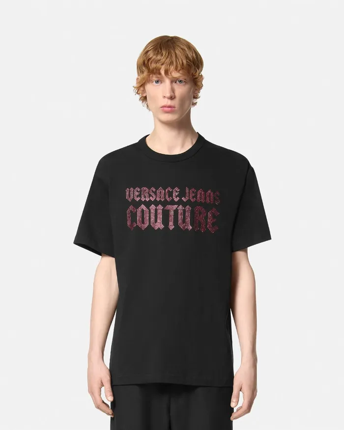 Versace Crystal Gothic Logo RegularFit TShirt Blackprint Men Jeans Couture