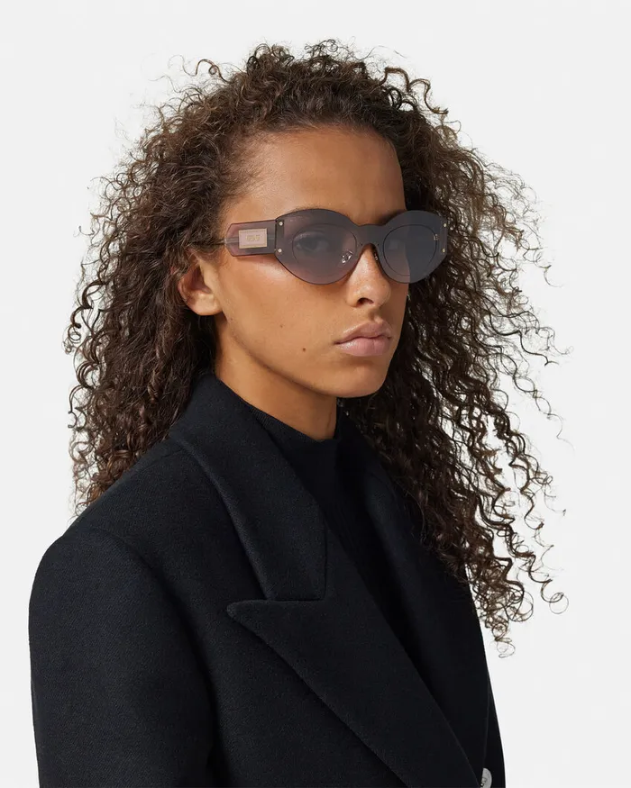 Versace Damier Plaque Shield Sunglasses Brown Women Sunglasses