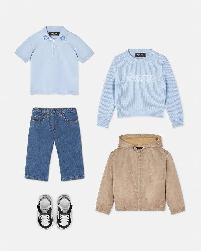 Versace Embroidered Medusa Baby Polo Shirt Light Blue Kids Shirts and Tshirts