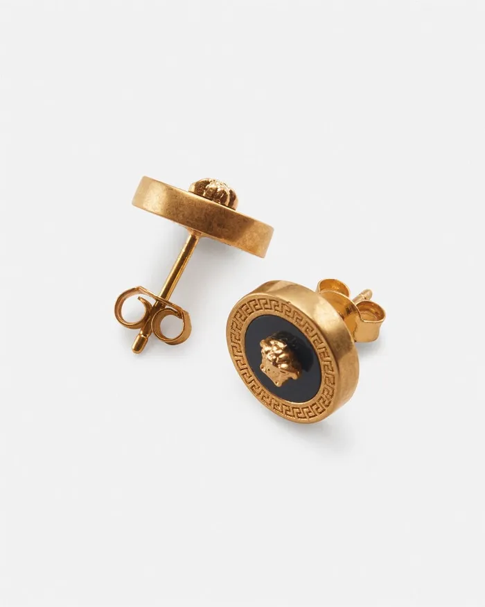 Versace Enamel Medusa Stud Earrings Blackgold WomenMen Earrings