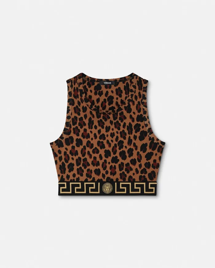 Versace Leopard Greca Border Crop Top Animalier Women Bras and Briefs