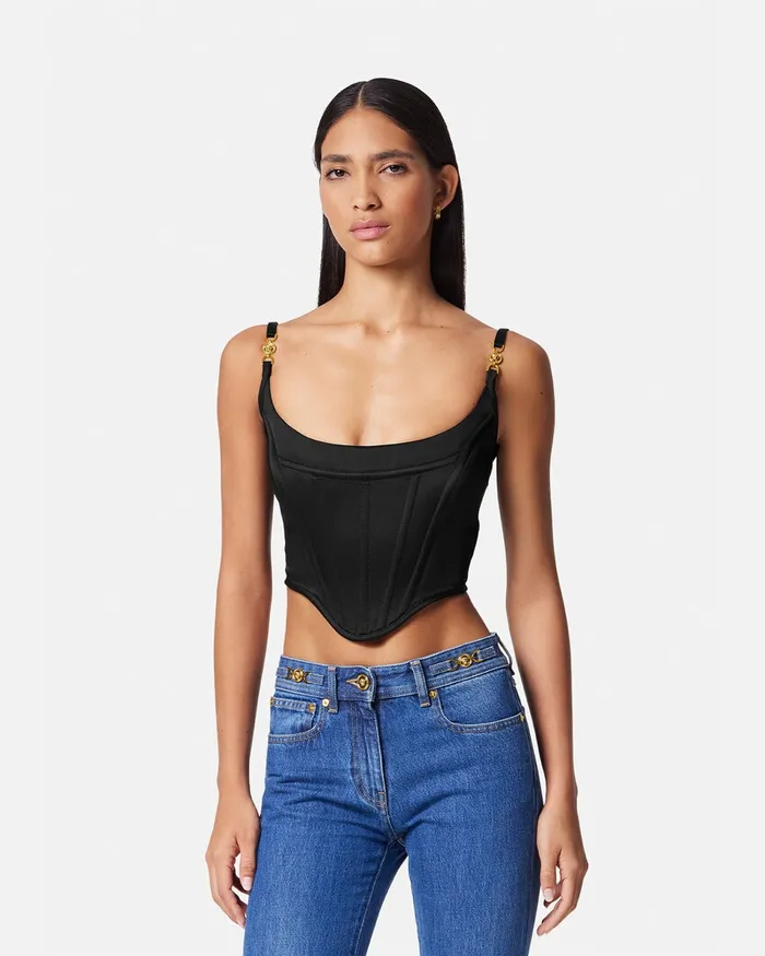 Versace Medusa 03995 Satin Corset Top Black Women Shirts and Tops